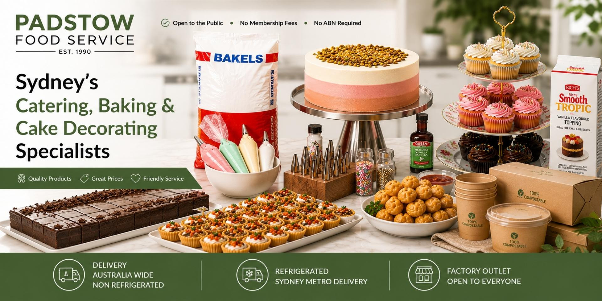 Padstow Food Service supplying catering, baking, cake decorating, fresh food and eco food packaging across Australia since 1990