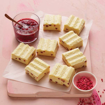 Sara Lee White Chocolate Raspberry Tray Slab Cake Sliced View Sara Lee White Chocolate Raspberry Tray Slab Cake Sliced View