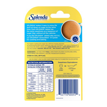 Splenda Sweetener Tablets 500 Back of Pack 