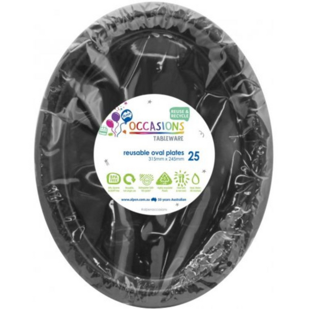 Black Plastic Oval Dinner Plates 315mm 25 pack