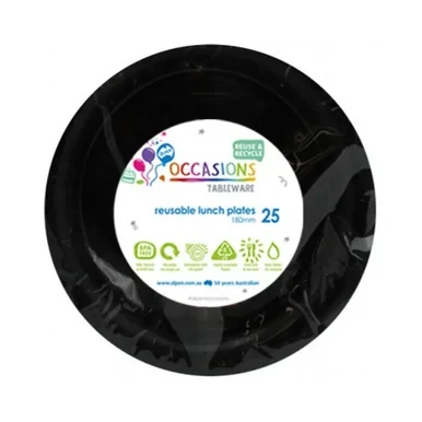 Black Plastic Lunch Plates 180mm 25 Pack