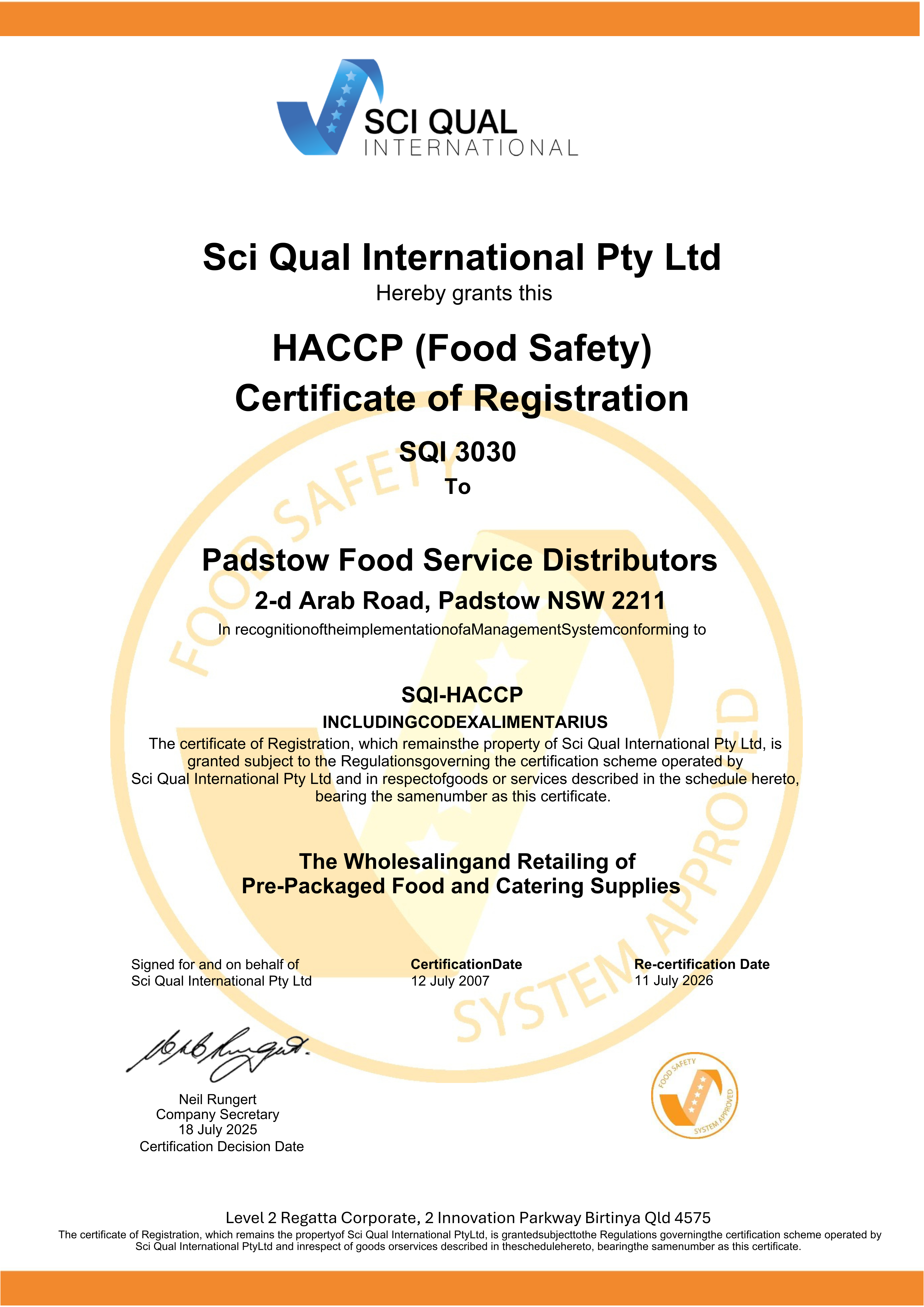 Padstow Food Service HACCP Certificate 2025