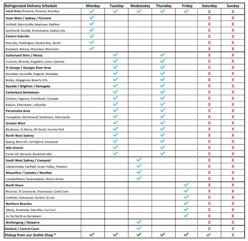 Padstow Food Service Refrigerated Delivery Schedule