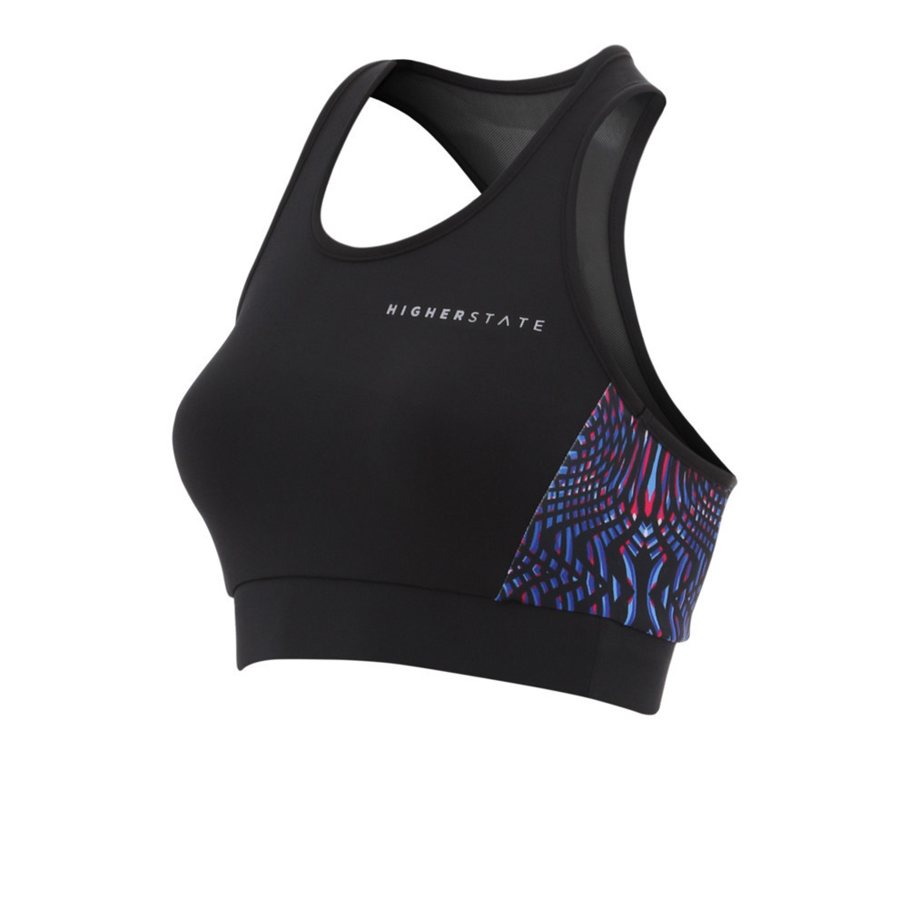 Higher State Panelled Longer Women's Low Impact Crop Top | Black/Royal Purple Print
