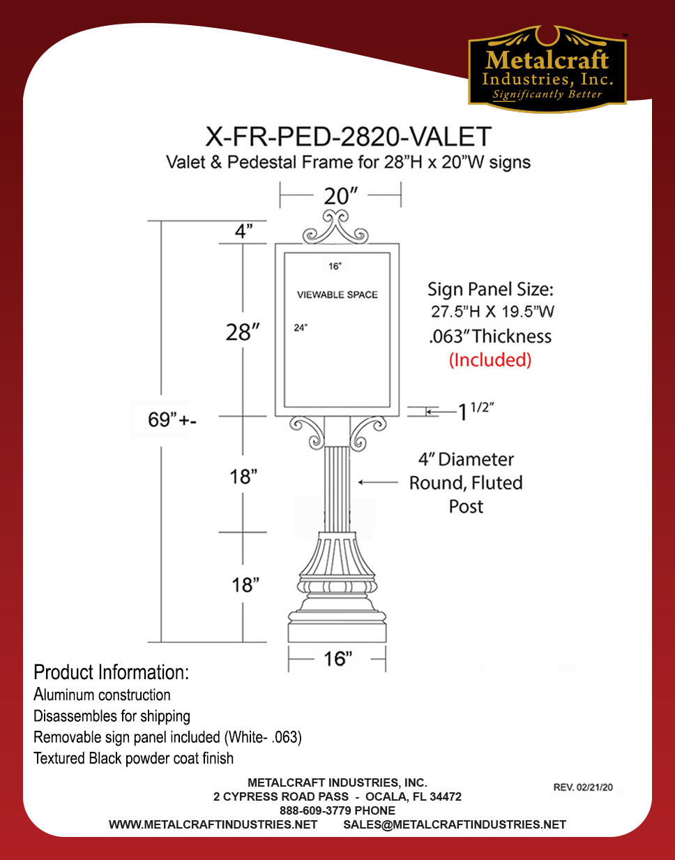 Valet and Menu Pedestal Sign Frame Stand MEASURES 28 x 20
