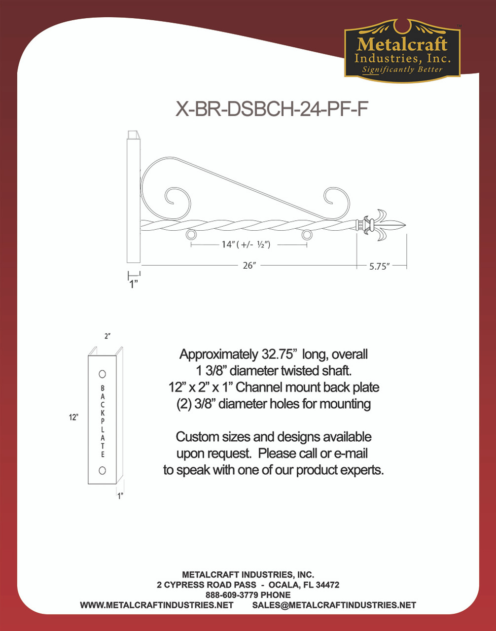 SPECIFICATION DRAWING FOR ITEM # X-BR-DSBCH-24-PF-F