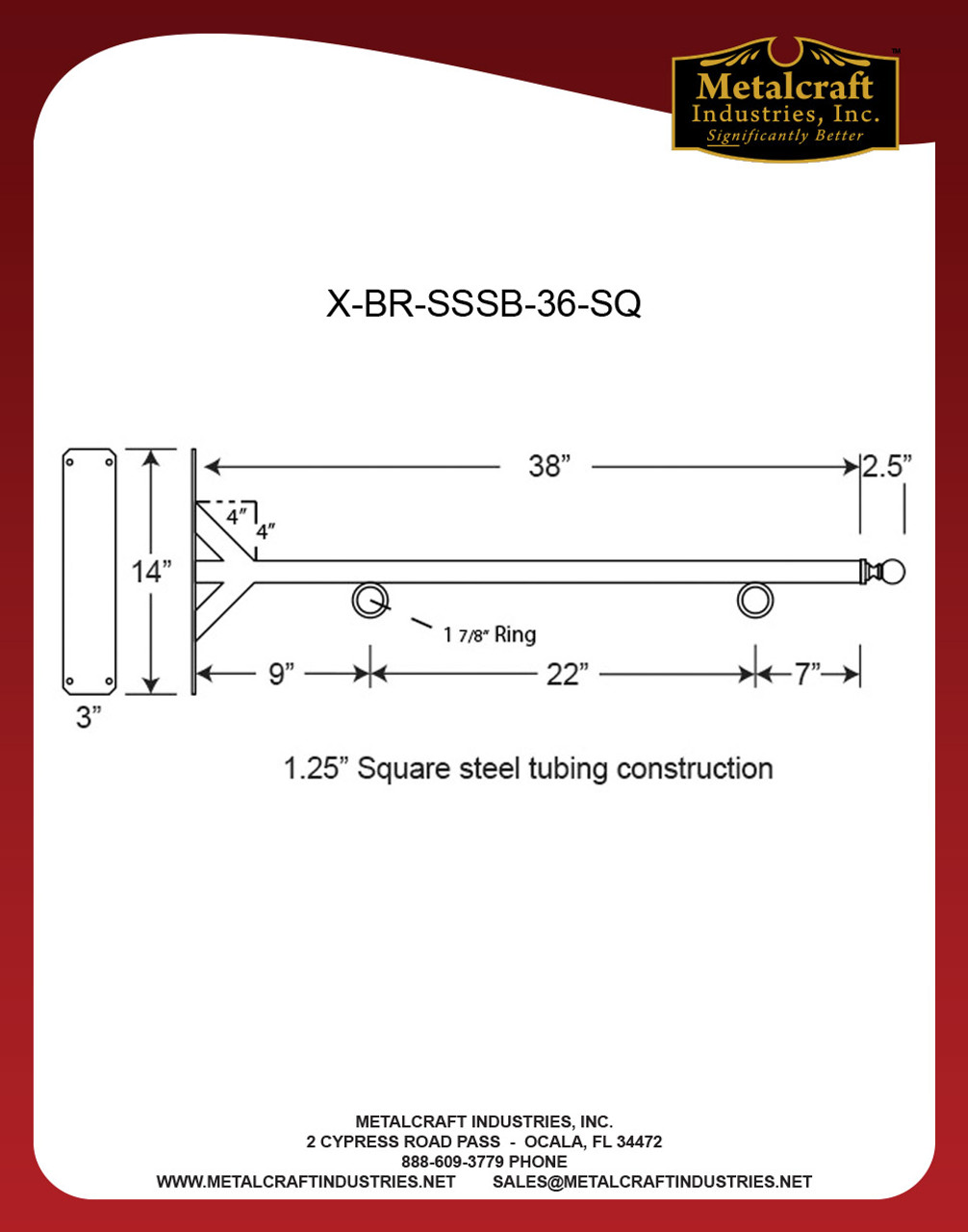 Specification drawing for item #X-BR-SSSB-36-SQ