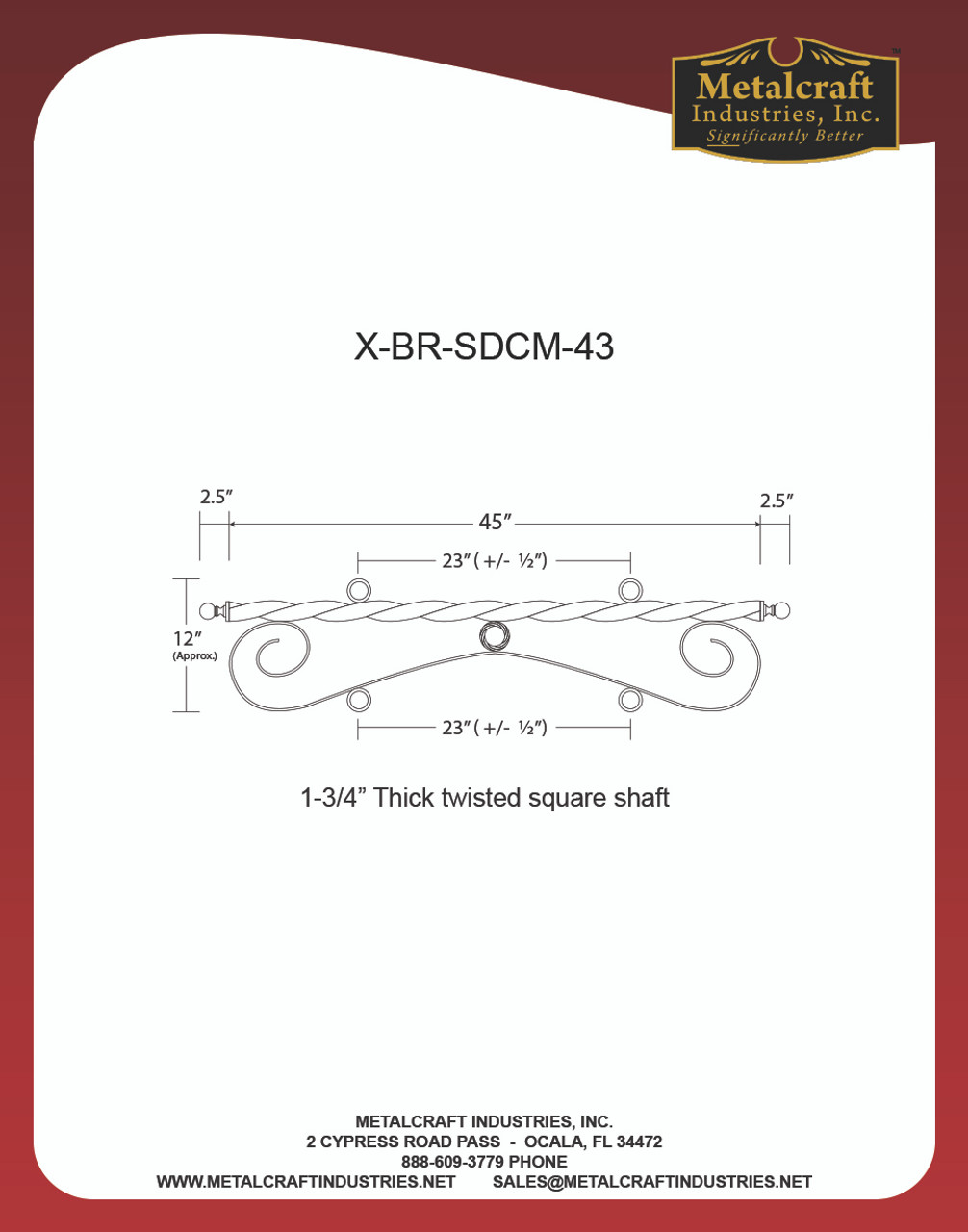 SPECIFICATIONS FOR ITEM# X-BR-SDCM-43