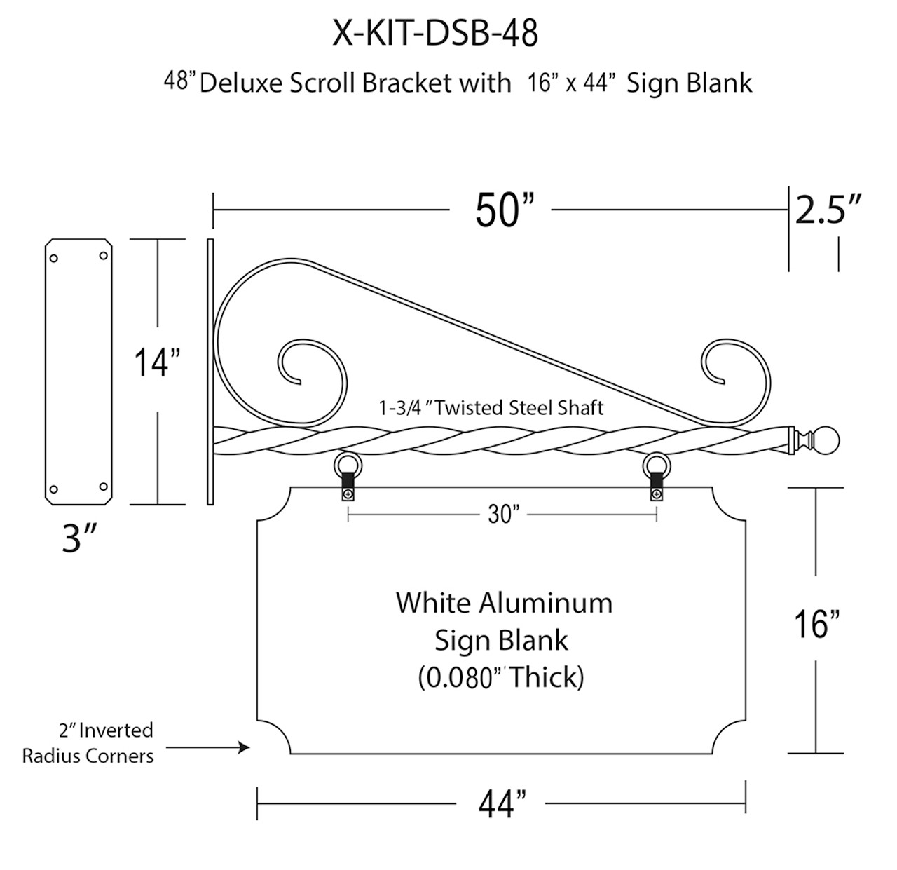 43'' Wide Reverse Scroll Bracket in Black Powder Coated Steel with 22''  Tall X 33'' Wide X .080'' Thick White Aluminum Sign Blank and 2 Black  Powder Coated S-Hooks