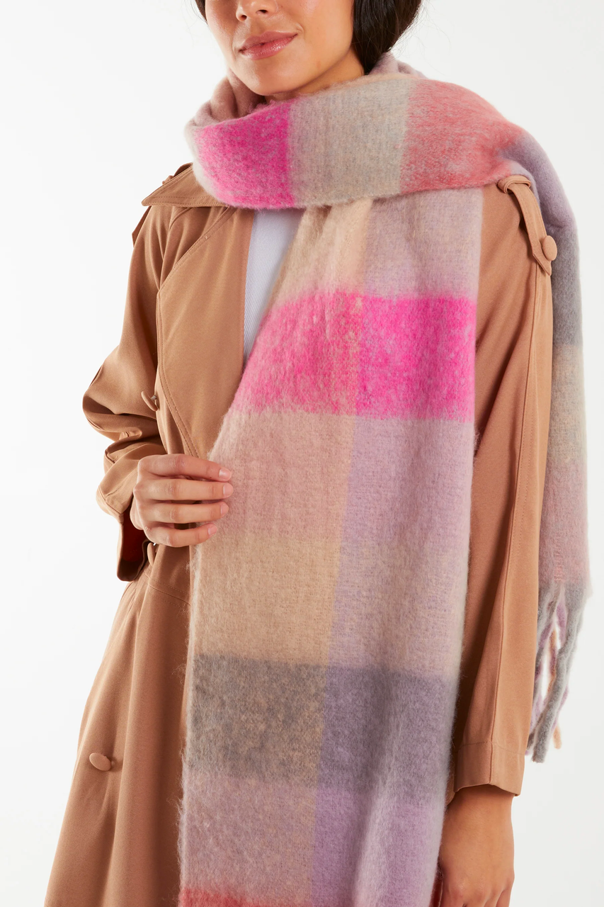 Checked Tartan Tassel Fluffy Scarf - Pink - Cowhide Rugs