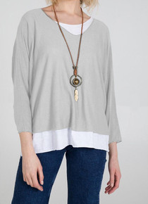 Double Layer Jersey Top with Necklace in Light Grey