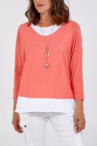 Double Layer Summer Top with Necklace in Coral