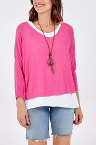 Double Layer Summer Top with Necklace in Hot Pink