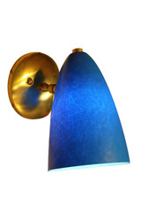 Single Retro Bullet Sconce shown here with blue molded fiberglass shade and premium brass hardware option.