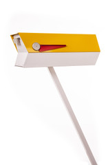 This mid-century modern mailbox design was inspired by those produced in the 1950s and 1960s. Two-tone color brings out the design’s clean lines. Colors are original Eichler Exterior Accent Colors. Now you can have a mailbox that looks great with your mid-century, modern, and/or contemporary home.  The perfect blast from the past for your Atomic Ranch!  Crafted in America, the way it used to be.

Material: 20 gauge galvannealed steel, same as the 50s-70s [75%+ thicker than most mailboxes made today]
Paint: powder coated inside and out, baked at 400 degrees [environmentally friendly]
Anodized aluminum flag cap and door pull
Size: 7” wide x 7.75” high x 21.25” long