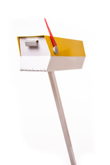 This mid-century modern mailbox design was inspired by those produced in the 1950s and 1960s. Two-tone color brings out the design’s clean lines. Colors are original Eichler Exterior Accent Colors. Now you can have a mailbox that looks great with your mid-century, modern, and/or contemporary home.  The perfect blast from the past for your Atomic Ranch!  Crafted in America, the way it used to be.

Material: 20 gauge galvannealed steel, same as the 50s-70s [75%+ thicker than most mailboxes made today]
Paint: powder coated inside and out, baked at 400 degrees [environmentally friendly]
Anodized aluminum flag cap and door pull
Size: 7” wide x 7.75” high x 21.25” long