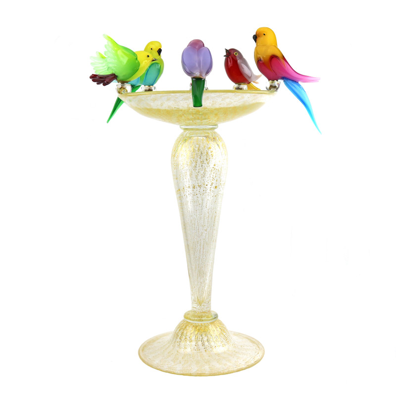 Murano Glass Bird Bath with 5 Assorted Color Birds