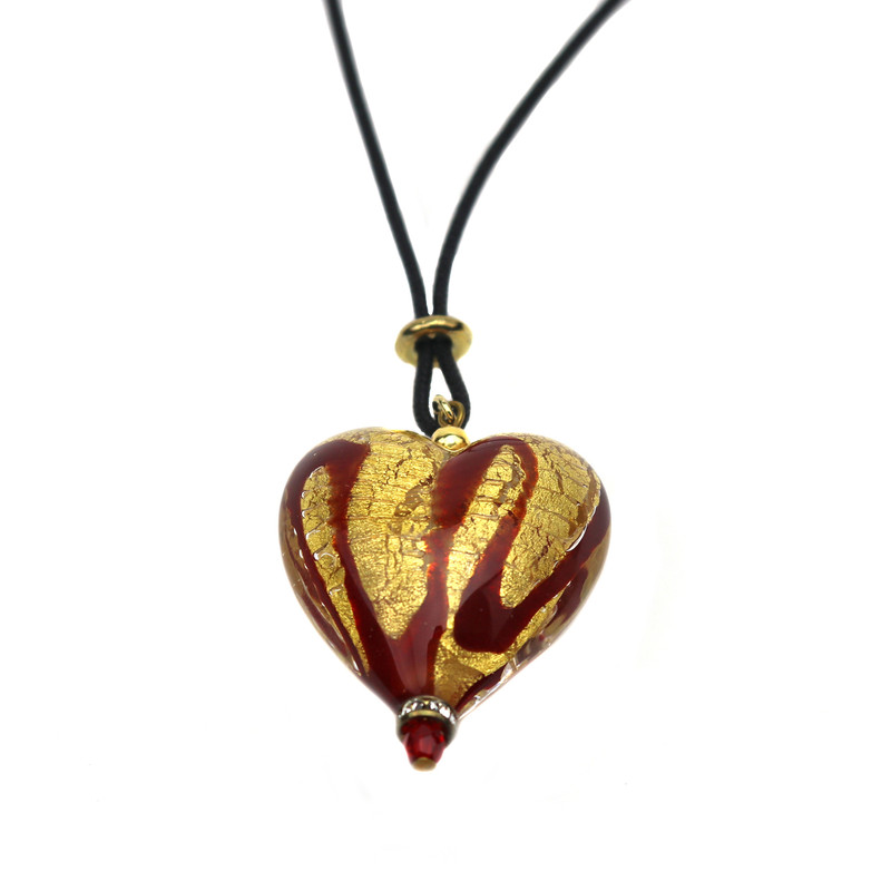 Murano Glass Heart Pendant Necklace Red Gold