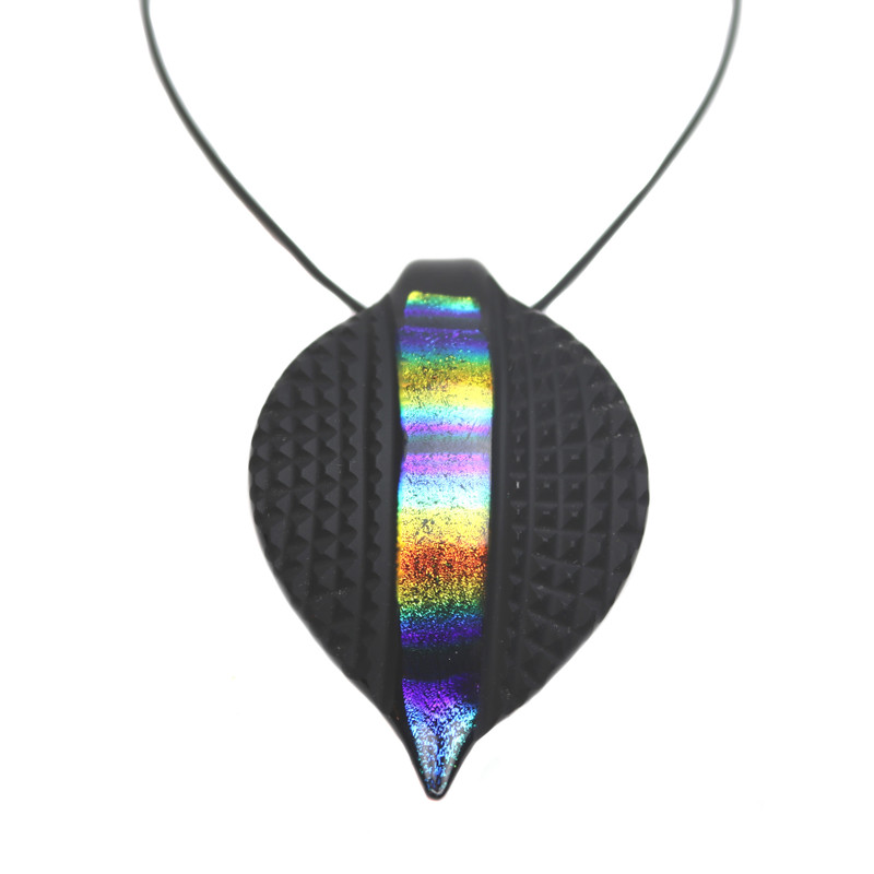 Murano Glass Foglia Pendant Necklace Rainbow Black Battuti