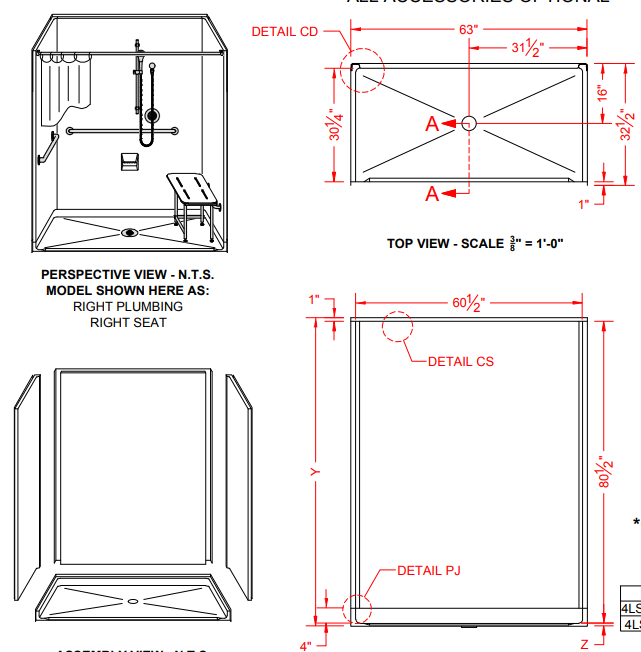 ADA Roll-In Shower pan - One Piece 63x31