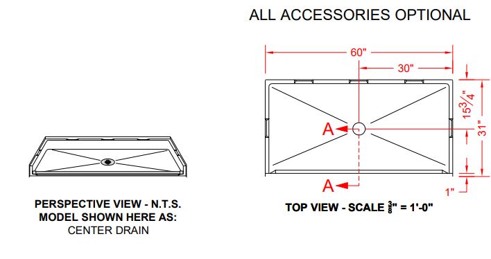 60 x 31 Accessible Shower (Center Drain)