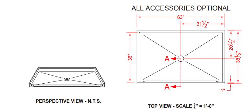 ADA Roll-In Shower pan - One Piece 63x31