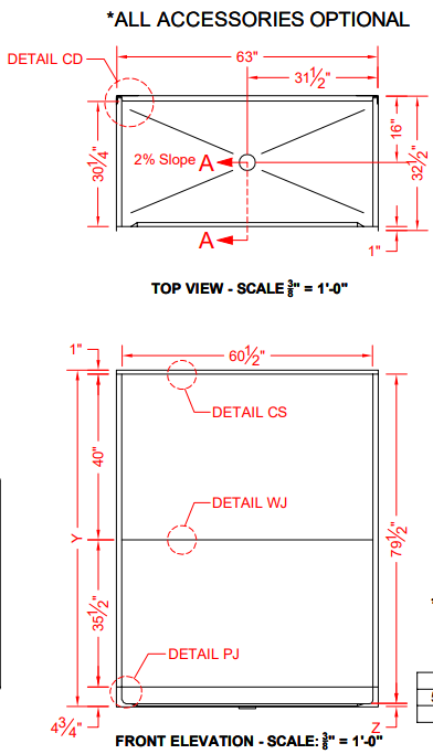 ADA Roll-In Shower pan - One Piece 63x31