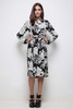 vintage 70s modest dress black white palm print alternate front view