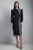 80s vintage black cummerbund cocktail dress sheer sleeves asymmetrical abstract print XS S