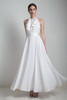 maxi halter dress flowy sheer white vintage 70s beach wedding bridal open back tuxedo ruffles SMALL S