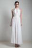 maxi halter dress flowy sheer white vintage 70s beach wedding bridal open back tuxedo ruffles SMALL S