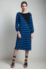 vintage 80s bucle knit sweater dress blue black geometric stripes asymmetrical long sleeves midi MEDIUM LARGE M L