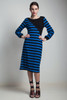 vintage 80s bucle knit sweater dress blue black geometric stripes asymmetrical long sleeves midi MEDIUM LARGE M L