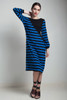 vintage 80s bucle knit sweater dress blue black geometric stripes asymmetrical long sleeves midi MEDIUM LARGE M L