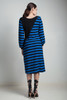 vintage 80s bucle knit sweater dress blue black geometric stripes asymmetrical long sleeves midi MEDIUM LARGE M L