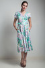  cotton shirtwaist belted dress vintage 80s does 50s water lily floral print green purple midi tea length M MEDIUM