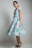  cotton shirtwaist belted dress vintage 80s does 50s water lily floral print green purple midi tea length M MEDIUM