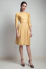 vintage 50s dress shiny mustard gold yellow faille boat neck pleated knee length 3/4 sleeve SMALL S