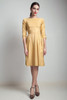 vintage 50s dress shiny mustard gold yellow faille boat neck pleated knee length 3/4 sleeve SMALL S
