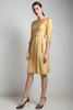 vintage 50s dress shiny mustard gold yellow faille boat neck pleated knee length 3/4 sleeve SMALL S