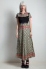 vintage 70s boho maxi dress black asian inspired print collared bib ruffle front SMALL S