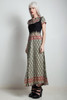 vintage 70s boho maxi dress black asian inspired print collared bib ruffle front SMALL S