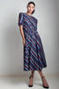 vintage 70s cotton midi dress diagonal stripes bow doll sleeves blue burgundy MEDIUM LARGE M L