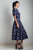 vintage 70s cotton midi dress diagonal stripes bow doll sleeves blue burgundy MEDIUM LARGE M L