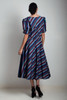 vintage 70s cotton midi dress diagonal stripes bow doll sleeves blue burgundy MEDIUM LARGE M L