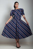 vintage 70s cotton midi dress diagonal stripes bow doll sleeves blue burgundy MEDIUM LARGE M L