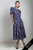 vintage 70s cotton midi dress diagonal stripes bow doll sleeves blue burgundy MEDIUM LARGE M L