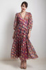 vintage 70s maxi party dress red blue gold metallic damask sheer puff sleeves MEDIUM LARGE M L