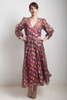 vintage 70s maxi party dress red blue gold metallic damask sheer puff sleeves MEDIUM LARGE M L