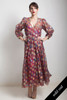 vintage 70s maxi party dress red blue gold metallic damask sheer puff sleeves MEDIUM LARGE M L